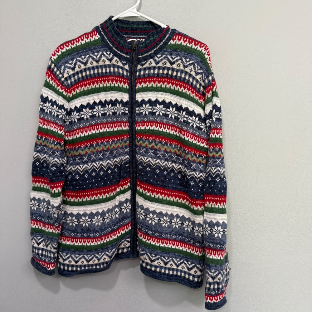 Tiara International Fair Isle Full Zip Sweater Blue Red Green Snowflake Medium